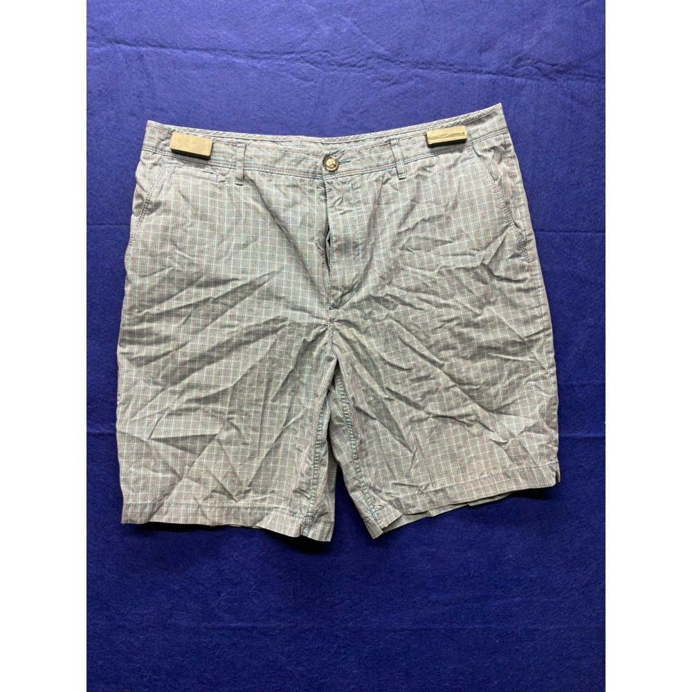 [Preppy] Mens Perry Ellis Micro Plaid Cotton Shorts 34 Blue Grey